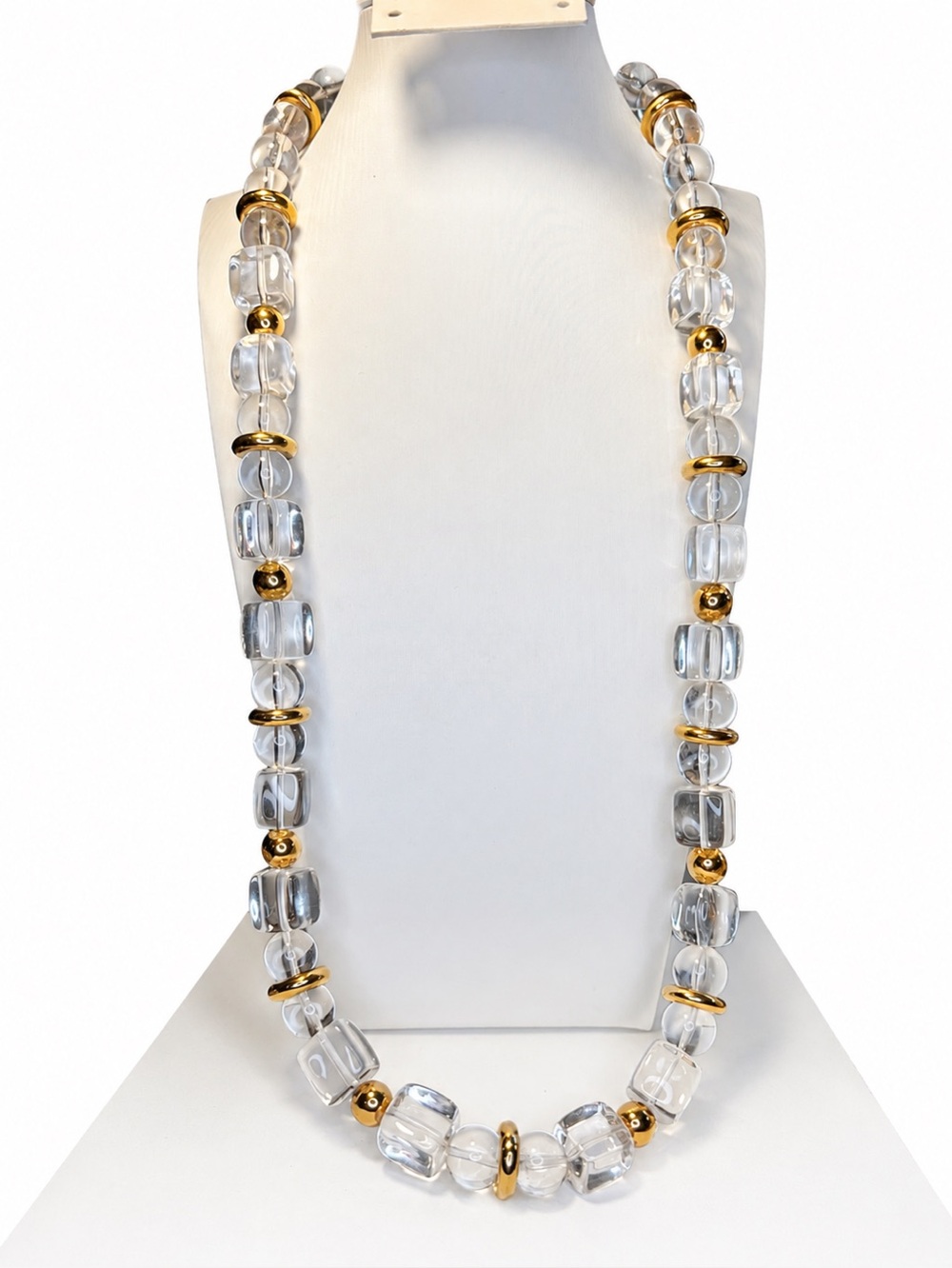 Vintage Signed Trifari Clear Lucite Beaded Necklace 28” Gold Tone